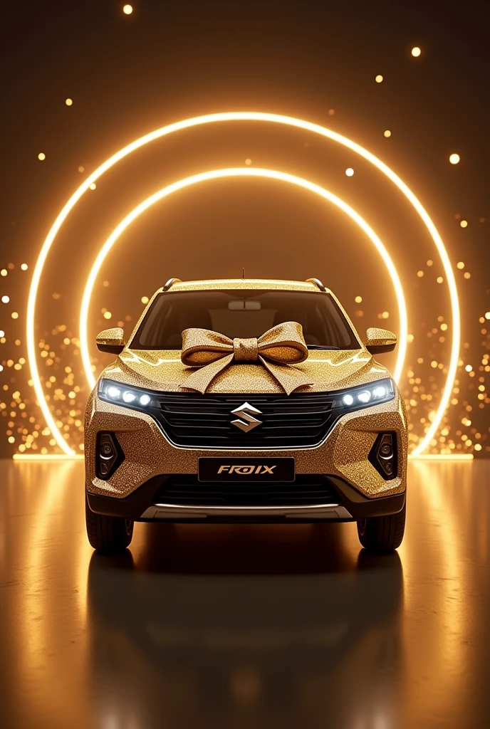 Suzuki FRONX SUV car with realistic glitter paint coming out of a stylish golden circular frame, with flashes of golden lights around, a big bow on the car and the title “Suzuki” at the bottom
