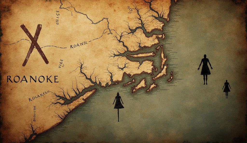 Image Prompt: A close-up of a historical map of the Roanoke area, with a red 'X' marking the location of the lost colony, and faded silhouettes representing the settlers