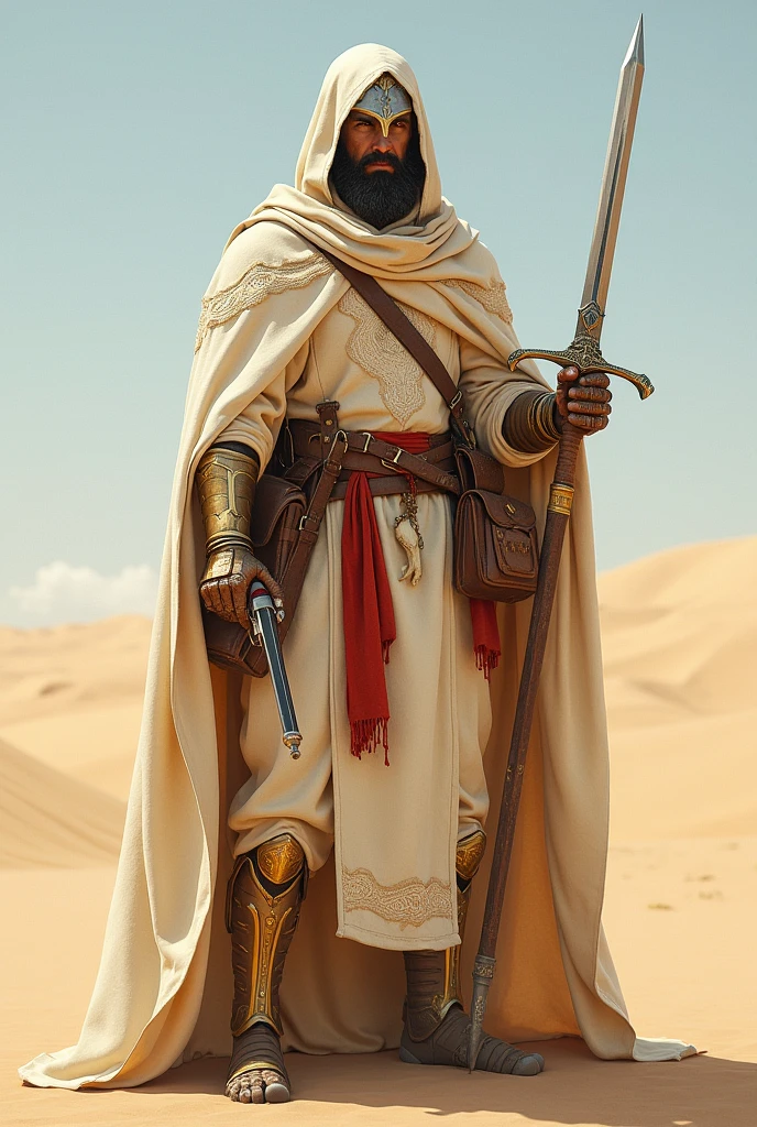 A regal figure stands cloaked in desert hues, beige and cream robes with intricate white patterns, clasping a silver sword adorned with a cross, a void-like helmet, a crimson sash, various leather pouches, a bone pendant, flintlock pistol, and detailed golden armor on limbs give contrast, soft sky, an open bright backdrop,