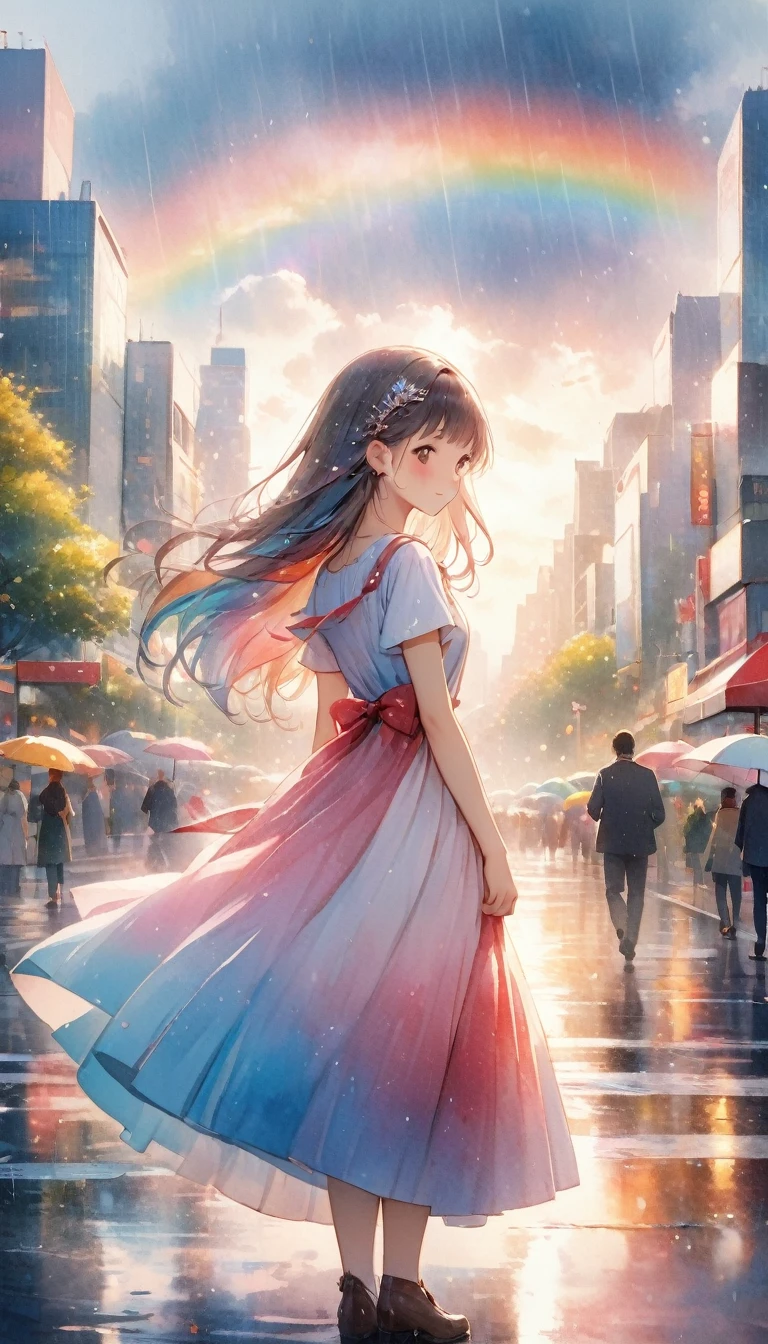 8K resolution, ((top quality)), ((masterpiece)), ((super detailed)), rain, one girl, rainbow, winered dress, silver long hair style, diamond hair ornament, Watercolor style, A pastel-colored view of the world, Tokyo cityscape,