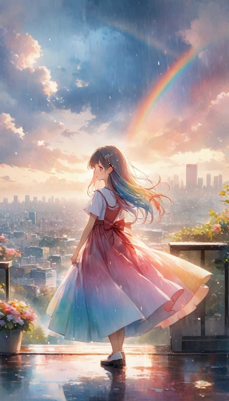 8K resolution, ((top quality)), ((masterpiece)), ((super detailed)), rain, one girl, rainbow, winered dress, silver long hair style, diamond hair ornament, Watercolor style, A pastel-colored view of the world, Tokyo cityscape,
