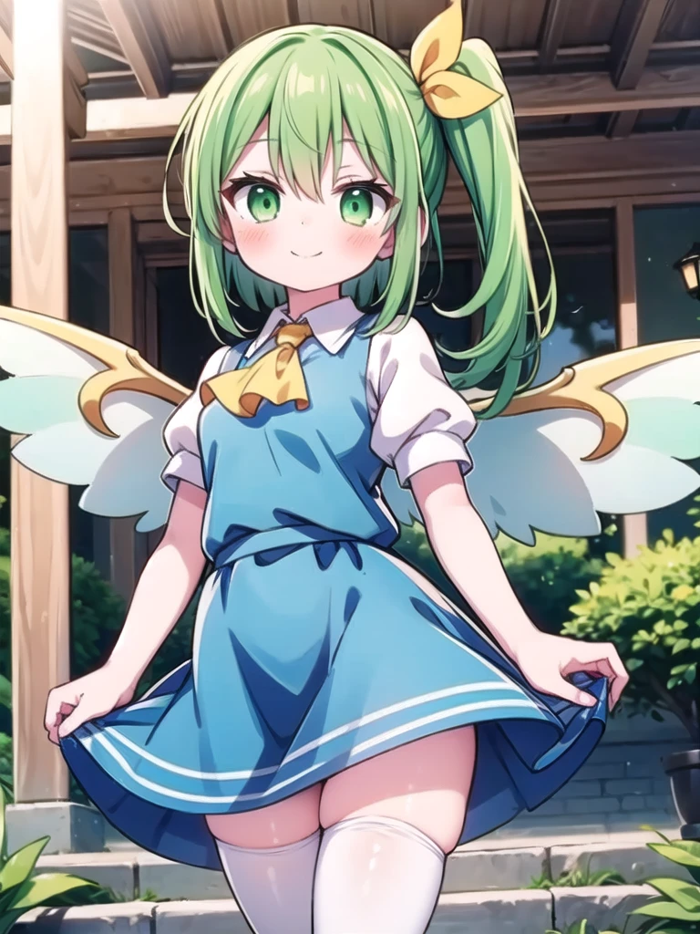 1girl, masterpiece, best quality, perfect hands, blush, smile, closed mouth, daiyousei, green hair, side ponytail, green eyes, bow, yellow ribbon, hair ribbon, ascot, blue dress, wings, white shirt, collared shirt, puffy short sleeves, white thighhighs, medium hair, zettai ryouiki