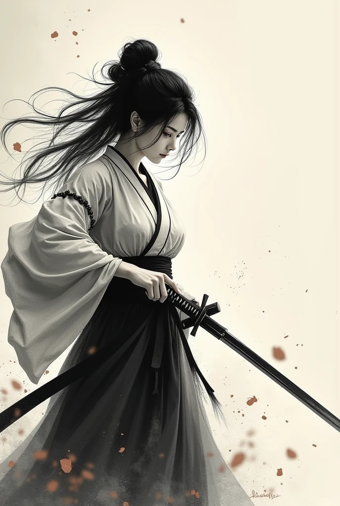 Ink Painting Japanese sword woman Black and White