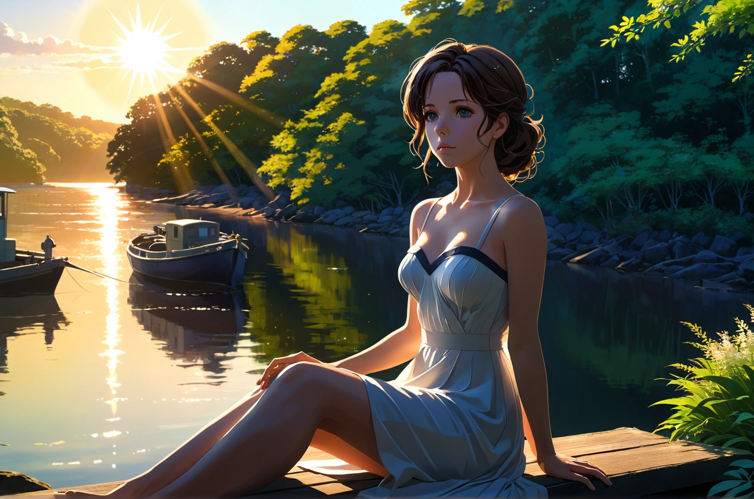 Uses Makoto Shinkai&#39;s depiction perfectly,Portrait of Kate Beckinsale,8k 4k masterpiece photo,In nature , Waterfront,Sitting,Tube top top dress,The morning sun pours down,Bust is larger