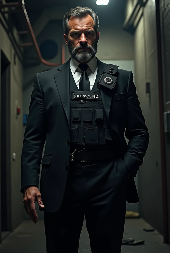 Create an image of a security guard dressed in a black suit with a beard and dark-toned tactical gear