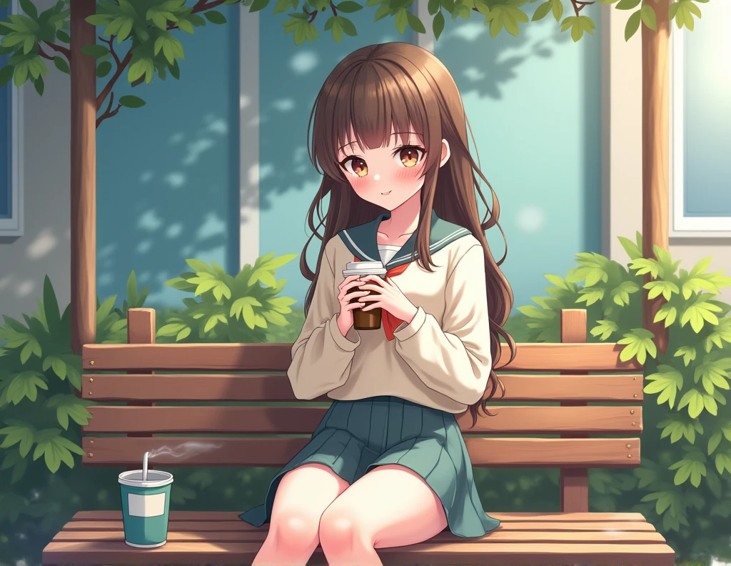 anime girl sitting on a bench with a cup of coffee, cute anime girl, cartoon style illustration, soft drink theme girl, beautiful anime high school girl, A hyperrealistic schoolgirl, anime girl, young anime girl, beautiful anime girl, anime girl drinks energy drink, 4K anime style, digital anime illustration, retro anime girl, visual anime of a cute girl