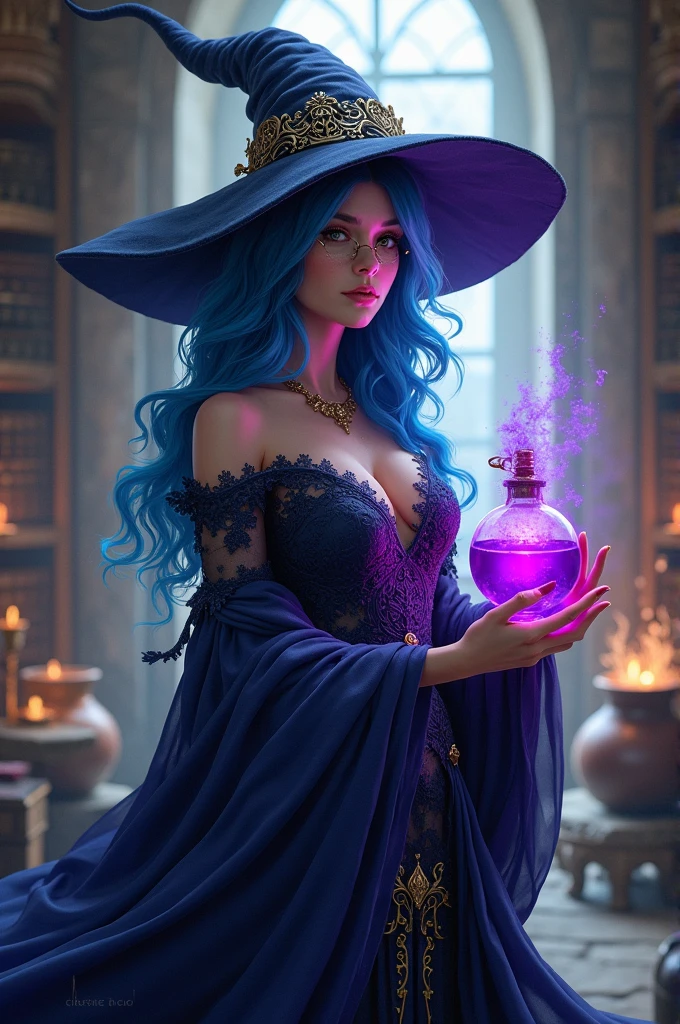 A medieval witch, with hat, beautiful, sexy, blue hair, with glasses, a nose piercing, and a purple bottle in his hand.