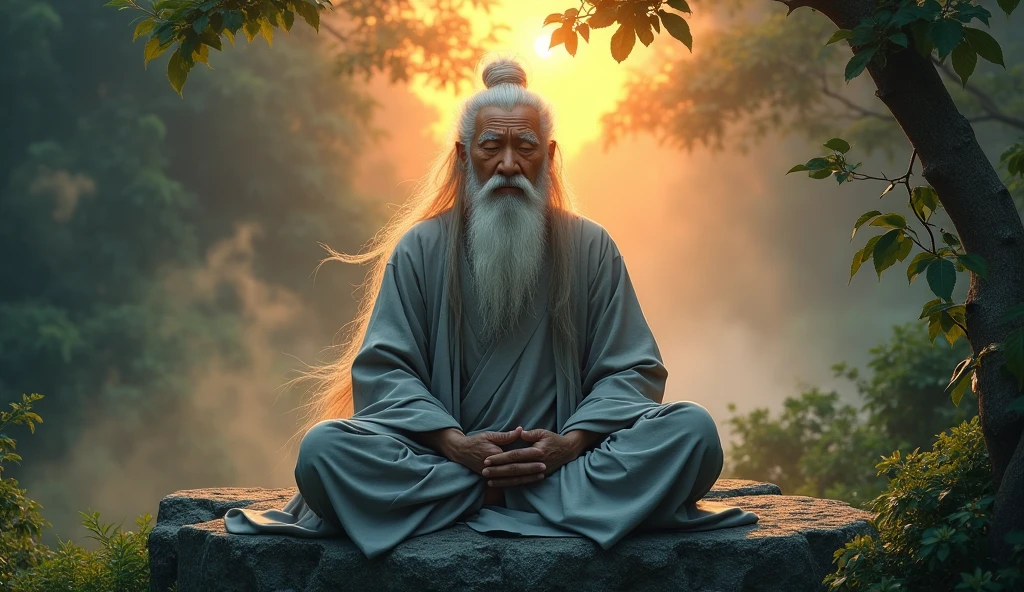 Old Asian Taoist Old Man, sitting on stone close-up,long, whitish hair，long beard，Cross-legged meditation，Taoism, wearing gray robes，magical aura，taoist master,taoist，lush landscape, very green, orange sunset light, forest , fog