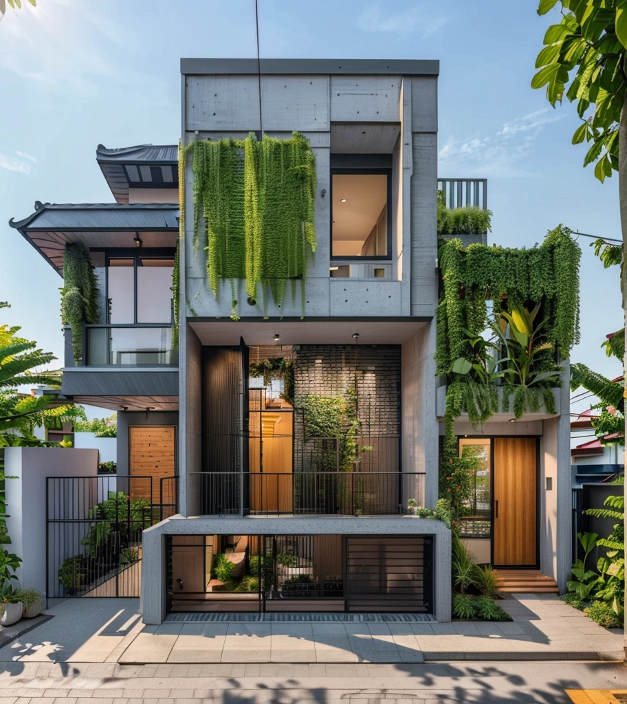 (Townhouse in city ,close houses and trees), daylight ( best quality) ((high solution)) ,(( photo realistic)) ,warm light, (sharp focont view of townhouse in style of modern,small house, Narrow area,VietNam,facade, curved arch,beautiful facade,curved windown,narrow and long ,two-storey,mutual colours, soft lighting, warm atmosphere,high Resolution, hyper detailed,4k ,vray render, octane render, hyper realistic, photography expert ,exterior design , professional photography, exterior photography,wide-angle shot , ultra detail , high Resolution , full frame, full body