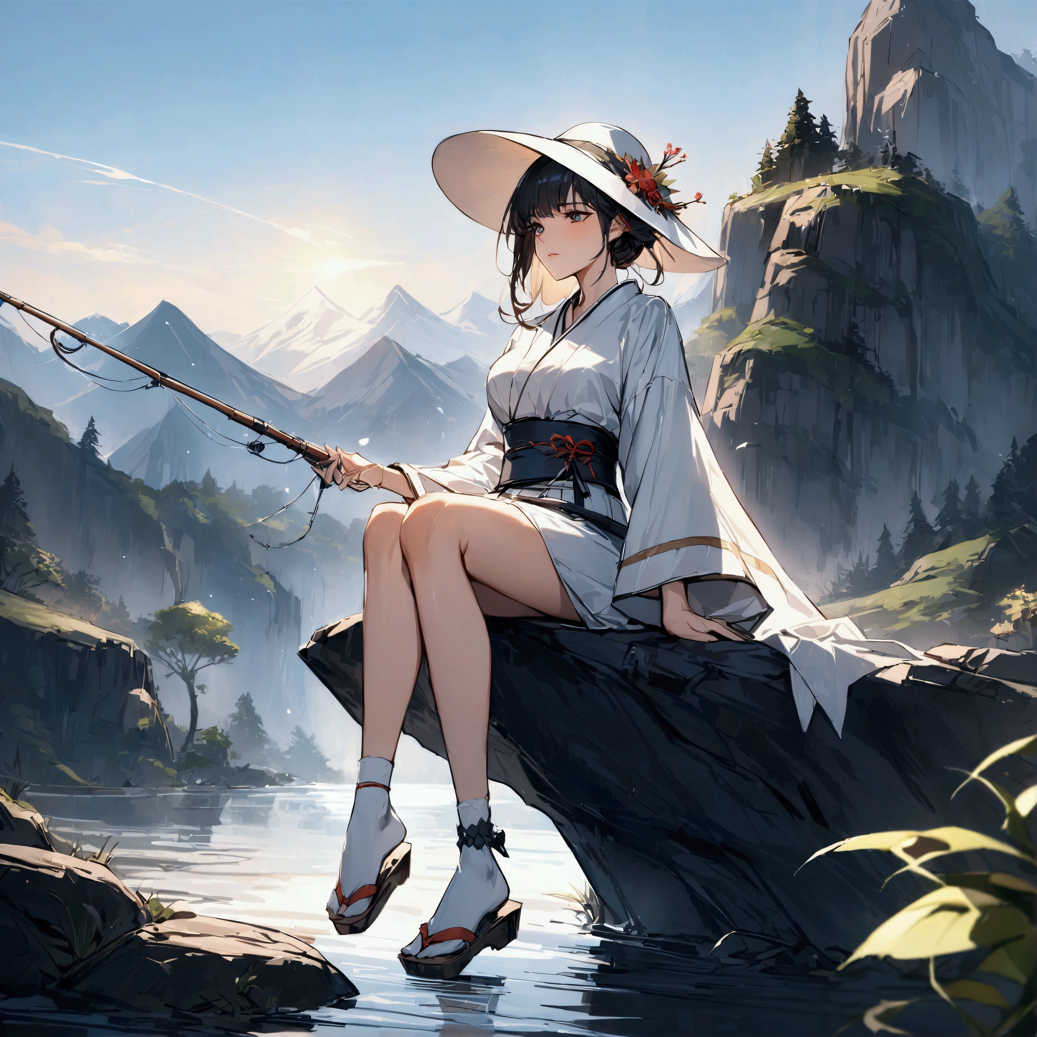 {{masterpiece}}, {{{Highest quality}}},{{Very detailed}},Woman sitting on a rock and fishing,A young Chinese-looking female hermit fishing deep in the mountains,White attire, miniskirt,WHITE glove,carefree expression,Chinese sandals,white socks,white hat,{{beautiful eyes ,high definition eyes,beautiful eyes}},Thick Kimono Belt