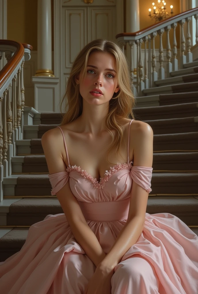 A beautiful young woman of twenty years with fair complexion and blond straight hair long sitting on the staircase and weeping badly. She is wearing a light pink ball gown with thin straps on shoulder. It is a ball room.