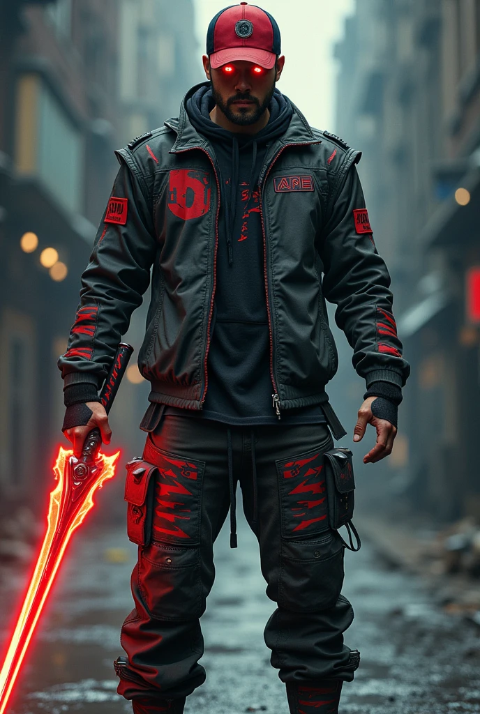 Realistic , masterpiece . Real human. ((Glowing Red eye))A man wear ((red black)) cap. Thunder logo . ((Red black, white stripe )) High tech modern design shirt)). ((Black red )) Thunder design kargo pant)).holding thunder blade glowing red. Bad smile. Red glowing thunder.