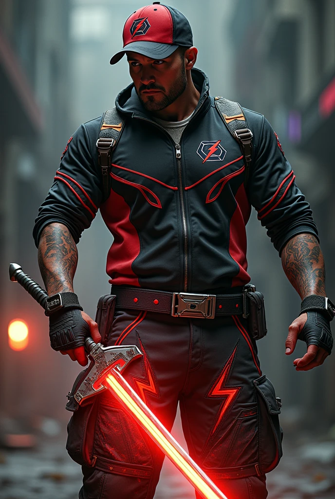 Realistic , masterpiece . Real human. ((Glowing Red eye))A man wear ((red black)) cap. Thunder logo . ((Red black, white stripe )) High tech modern design shirt)). ((Black red )) Thunder design kargo pant)).holding thunder blade glowing red. Bad smile. Red glowing thunder.