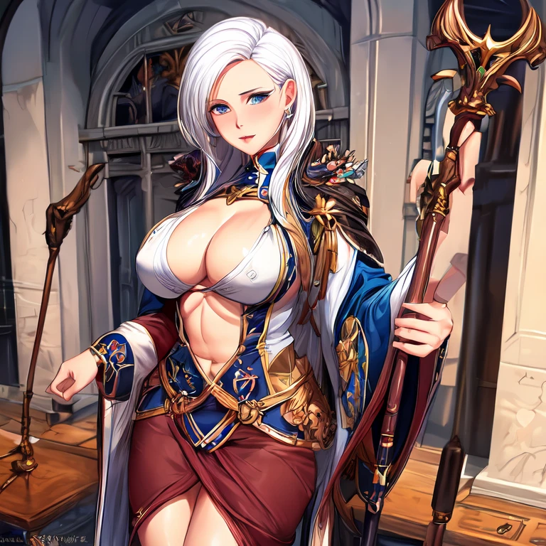 Very beautiful mature milf necromancer priest with white hair,blue eyes,big breasted and with a staff in her clothes