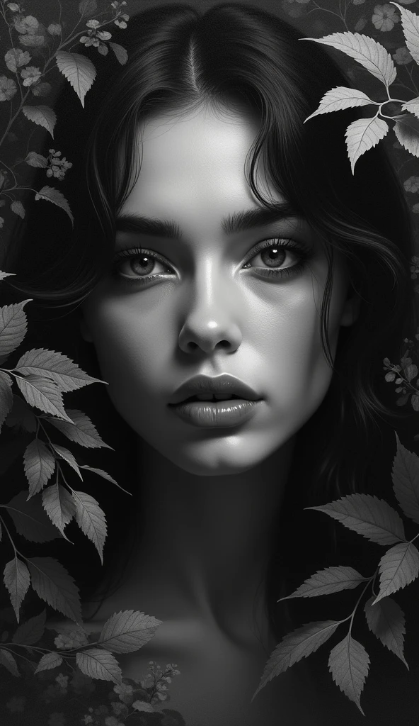 a black and white painting of a woman in a garden, beautiful detailed eyes, beautiful detailed lips, extremely detailed eyes and face, long eyelashes, portrait, photorealistic, high contrast, dramatic lighting, cinematic composition, intricate details, chiaroscuro, moody atmosphere, striking shadows, emotive expression.