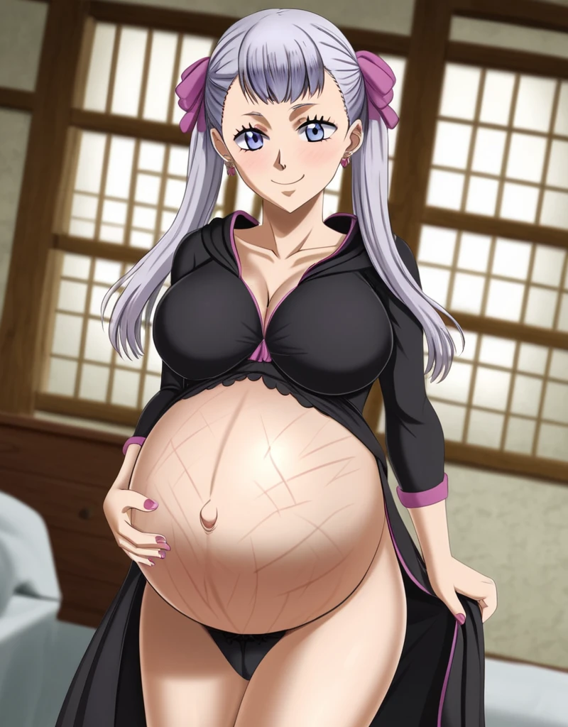 noelle_blackclover, Noelle Silva, Black Clover, long silver hair, waist-length hair, half-up half-down hairstyle, ribbon, side-parted bangs, almond-shaped blue eyes, high-quality, ultra-detailed, beast quality, 8K resolution,
looking at viewer, dutch angle, cowboy shot, smile, pregnant belly, large belly, big belly, big Breasts, Stretch marks, eating,
1girl,solo, indoors, happy, Smiling, rub belly,
full body, Nail polish, Earrings,