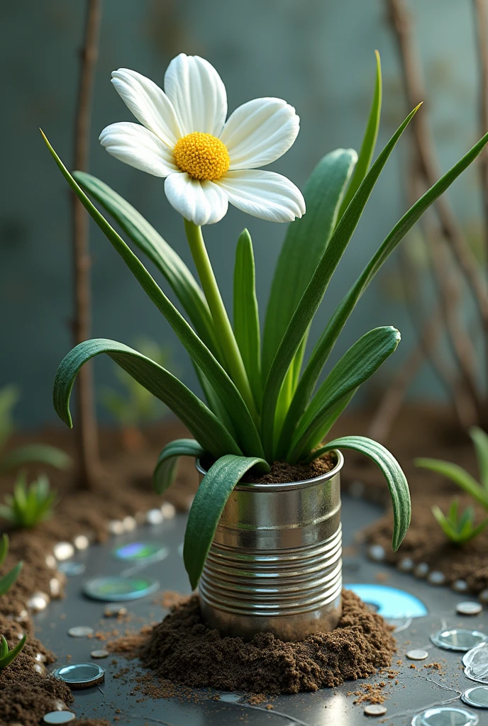 Onion plant white flower with 6 petals, using cans as leaves, while the leaves are made from tires in the form of strings, with broken CDs forming small rivers.