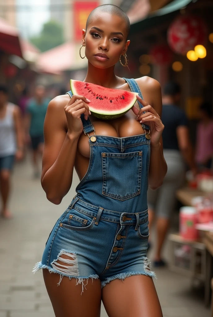 Tyra banx shaved head (very big size breasts 1.8) very small waist, very wide hips, sexy and tight denim overals with cut off pants legs eathin wotermelon in the street market