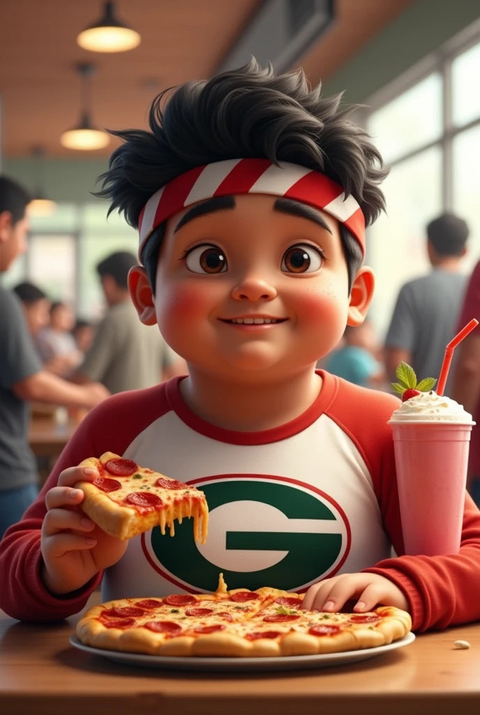 . Real human One .man Chubby India average 15 yearbody. Body fat . Wear green red white long sleeve"G" Logo on shirt. Hairy hand. Wear head band red white. Hand holding face. Bulking. Hand holding pizza and smoothie cup. Background foodcourt