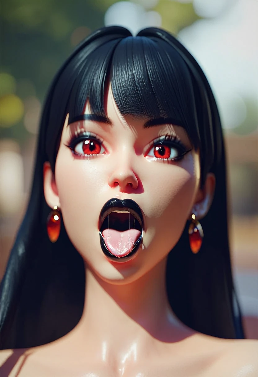 score_9, score_8_up, score_7_up, 3d style, 1girl,red eyes,black hair, bangs, long hair, black lipstick, big lips, earrings, tongue out, looking at viewer, open mouth, saliva, saliva trail, face focus, portrait, solo,blurry background, high quality