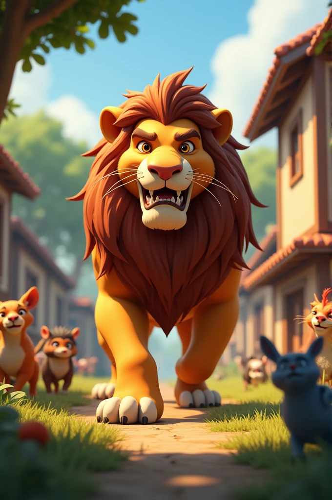 In 3D cinematic cartoons animation'A fearsome lion with a majestic mane enters the village, causing the animals to look frightened and hide. The lion’s intimidating presence contrasts with the peaceful village backdrop'