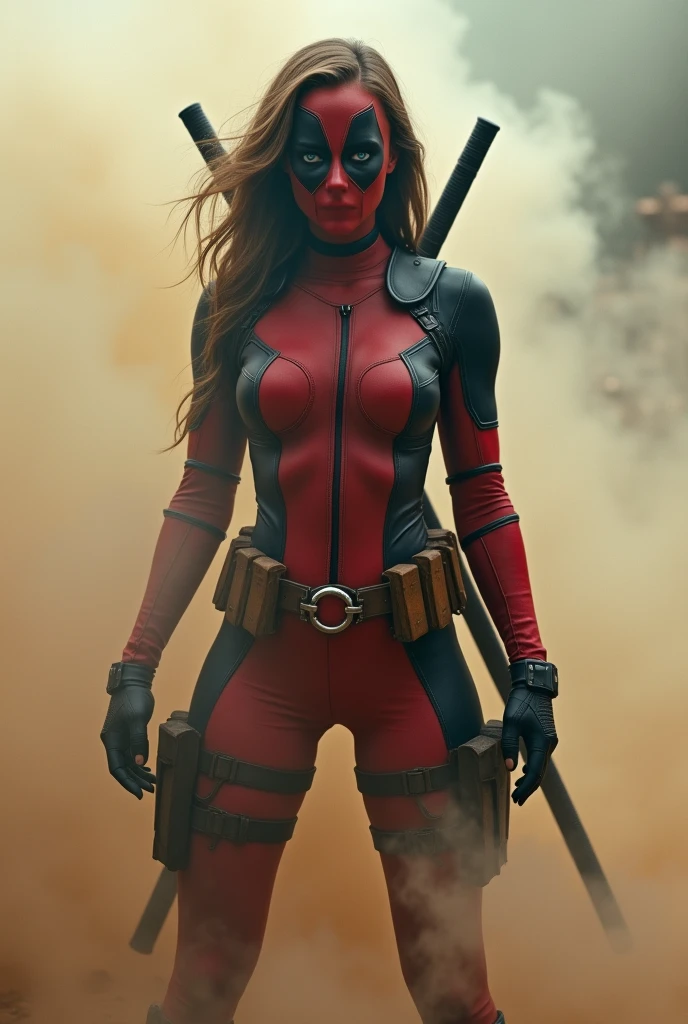 deadpool woman, coming out of thick fog, facing the camera, highly detailed, hyper-realistic, 8k, masterpiece, professional, bright colours, dramatic lighting, comic book style, intense expression, seductive pose, sensual body, big breasts, muscular body, wearing red and black costume, sword on back, sandy, cheerful, atmospheric, very realistic, (complex detail: 0.9), (hdr, hyperdetail: 1.2), RAW, Sony Alpha a9 II, 24-105mm f/4, HDR,