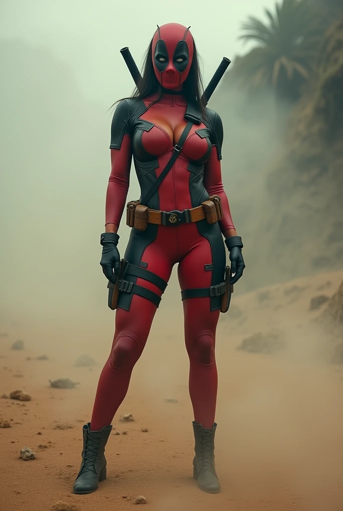 deadpool woman, coming out of thick fog, facing the camera, highly detailed, hyper-realistic, 8k, masterpiece, professional, bright colours, dramatic lighting, comic book style, intense expression, seductive pose, sensual body, big breasts, muscular body, wearing red and black costume, sword on back, sandy, cheerful, atmospheric, very realistic, (complex detail: 0.9), (hdr, hyperdetail: 1.2), RAW, Sony Alpha a9 II, 24-105mm f/4, HDR,