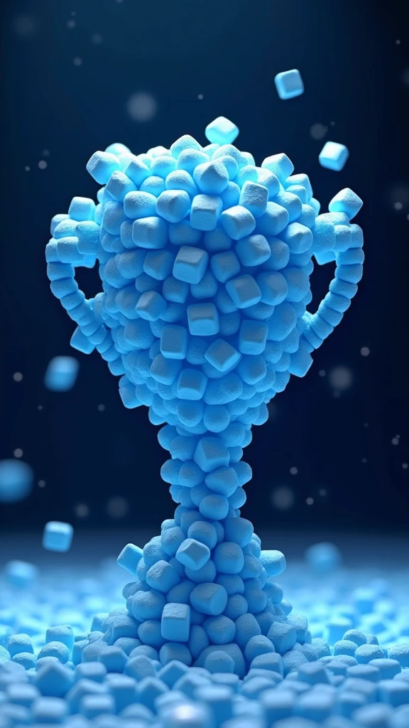 Trophy shape made of small blue cubes,Marshmallow material,Deep blue space,Sense of space,Mosaic,The art of math,C4D,OC Renderer,Studio Lighting