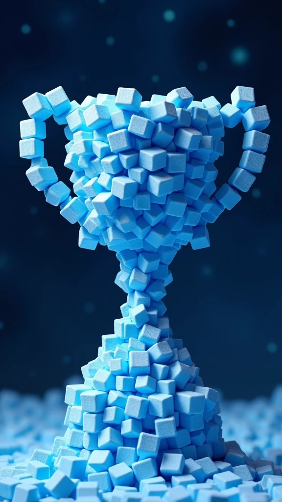 Trophy shape made of small blue cubes,Marshmallow material,Deep blue space,Sense of space,Mosaic,The art of math,C4D,OC Renderer,Studio Lighting