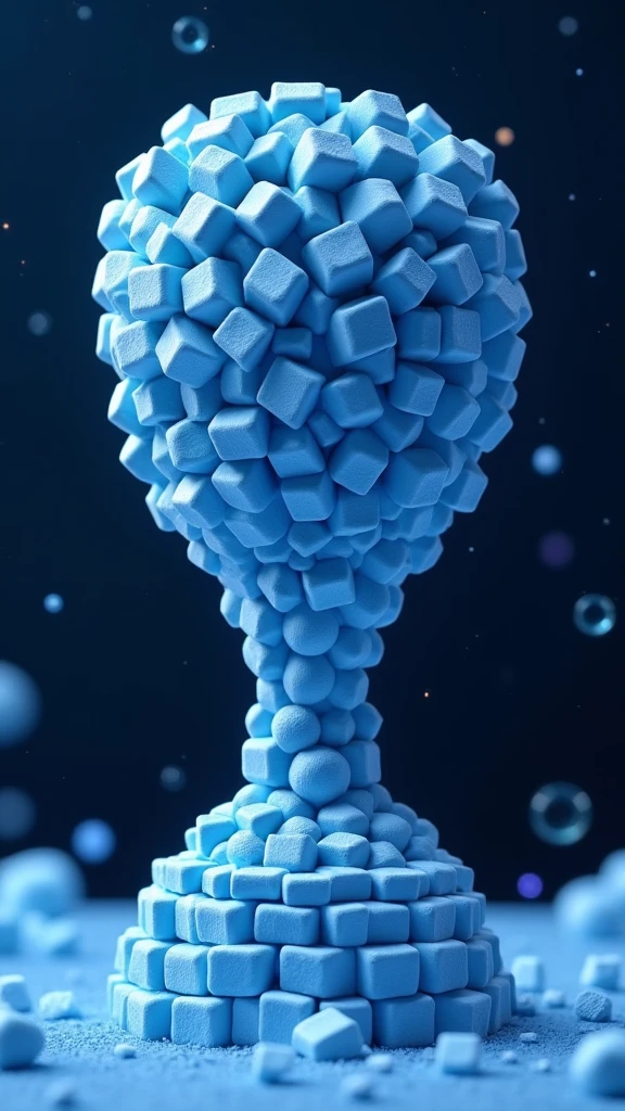 Trophy shape made of small blue cubes,Marshmallow material,Deep blue space,Sense of space,Mosaic,The art of math,C4D,OC Renderer,Studio Lighting