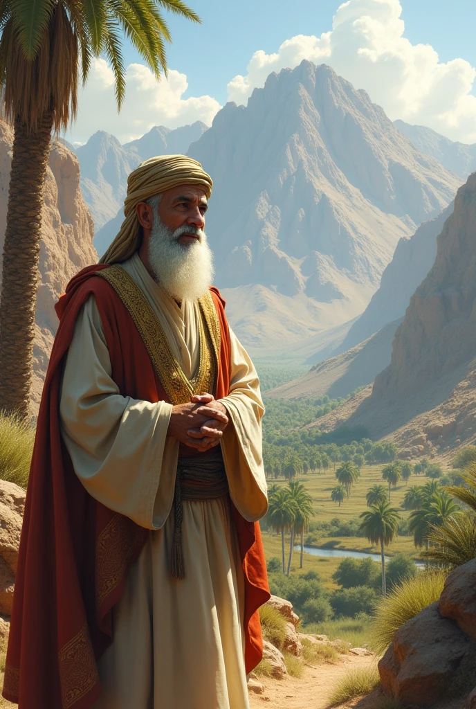 A spiritual good aged Arab Muslim man who was very honest, innocent who was very good wearing old fashioned Arabic clothes. he standing on arab mountain and dates tree valley