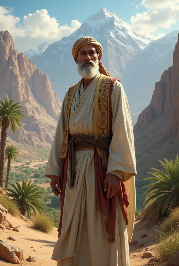 A spiritual good aged Arab Muslim man who was very honest, innocent who was very good wearing old fashioned Arabic clothes. he standing on arab mountain and dates tree valley 