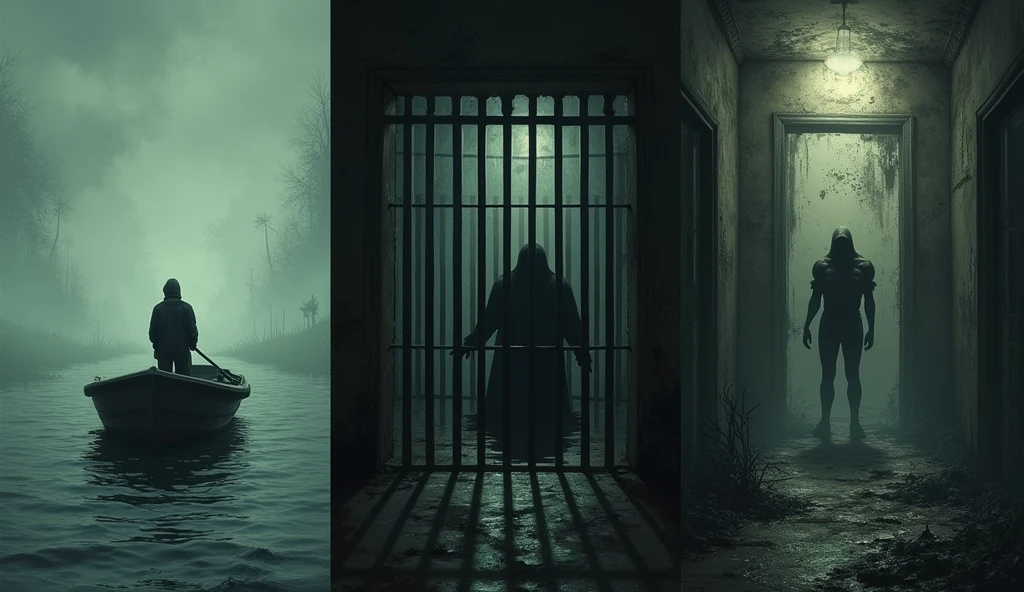 Image Prompt: A split image showing three scenarios—one with a small boat rowing away, another with shadowy figures behind bars, and the third with an eerie, unnatural scene