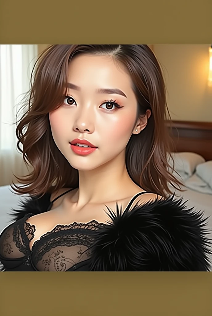 A full body, dynamic view, photorealistic image of an extremely beautiful asian woman, 45yo, seductive beauty, shoulder length straight hair, bouncy hair style, collarbone, thick body, wide hips, huge sagging breasts, in an intimmate atmosphere in the bedroom, standing sexily wearing an open bra on a thong, leaning against the wall with, looking at viewing, highres, detailed features, warm lighting, photorealism
