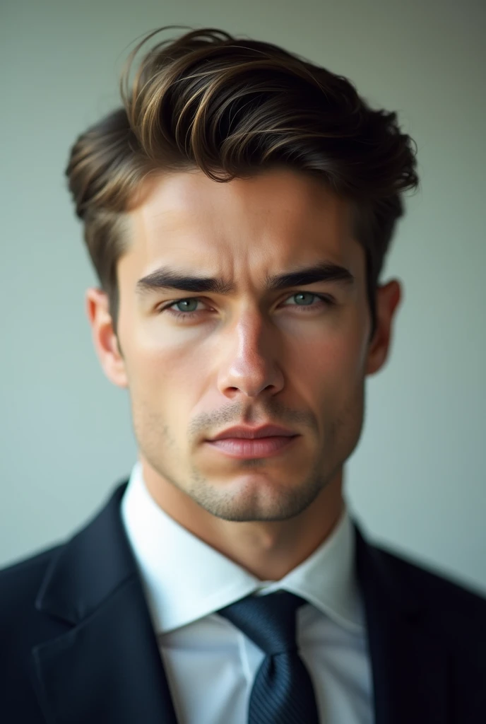 Imagine a young business executive。, Around 2 ,His carefully styled hair、It gives a sophisticated impression。, His eyes reflect determination and ambition.。. Emphasizes a confident and focused look。