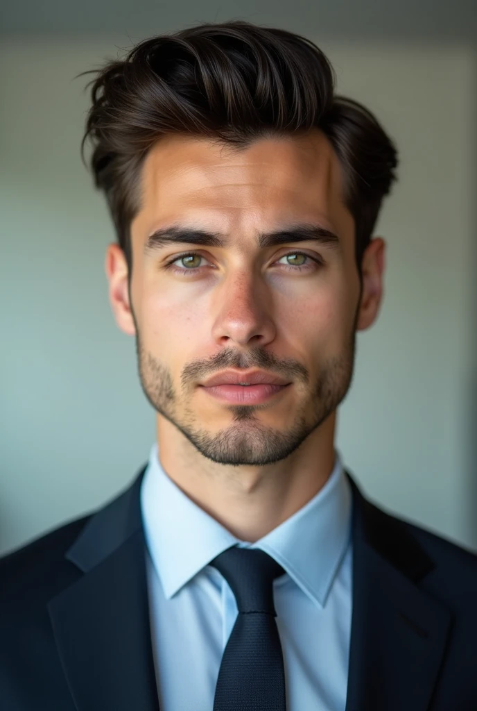 Imagine a young business executive。, Around 2 ,His carefully styled hair、It gives a sophisticated impression。, His eyes reflect determination and ambition.。. Emphasizes a confident and focused look。