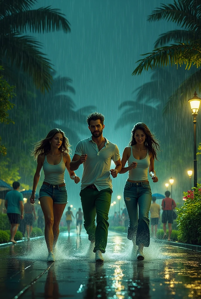 A man and his two female friends are walking through a garden at night, getting drenched in the rain. The three are running very fast as the rain is pouring very heavily. Men wearing green trousers and white shirt and black shoes and women wearing top and jeans.
Some people are carrying umbrella and some people are drenched.