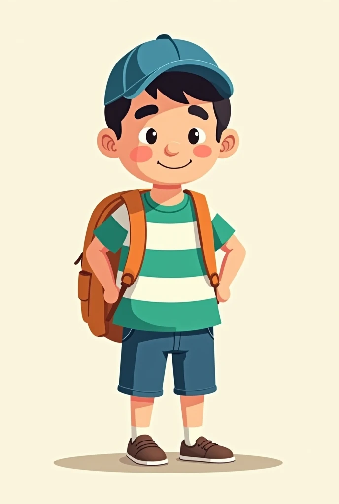 "A cute, flat-style cartoon of a middle-aged man wearing a blue cap, a green striped t-shirt, blue shorts, and carrying a black backpack. The character has thick eyebrows, short black hair, and a neutral expression, as if ready to go on a walk or a casual outing."