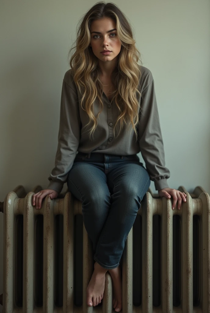 young dark blonde woman sitting on top of radiators, long hair