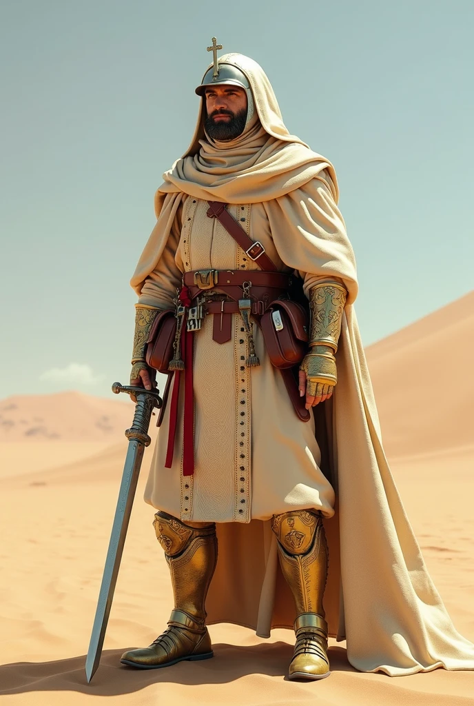 A regal figure stands cloaked in desert hues, beige and cream robes with intricate white patterns, clasping a silver sword adorned with a cross, a void-like helmet, a crimson sash, various leather pouches, a bone pendant, flintlock pistol, and detailed golden armor on limbs give contrast, soft sky, an open bright backdrop,