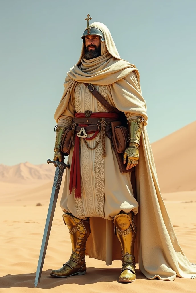 A regal figure stands cloaked in desert hues, beige and cream robes with intricate white patterns, clasping a silver sword adorned with a cross, a void-like helmet, a crimson sash, various leather pouches, a bone pendant, flintlock pistol, and detailed golden armor on limbs give contrast, soft sky, an open bright backdrop,