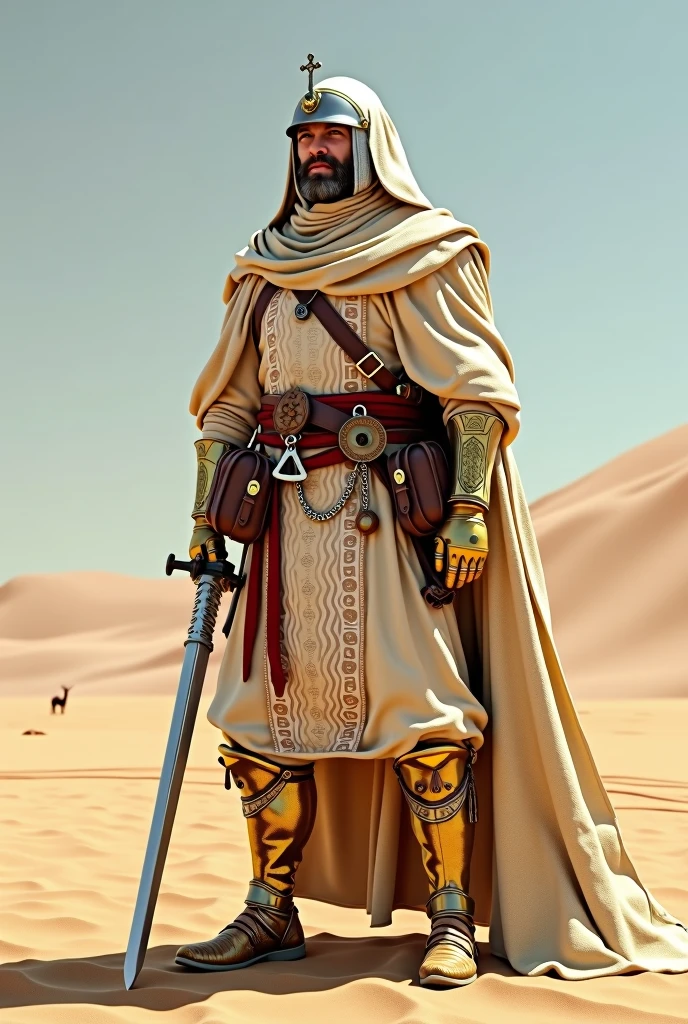 A regal figure stands cloaked in desert hues, beige and cream robes with intricate white patterns, clasping a silver sword adorned with a cross, a void-like helmet, a crimson sash, various leather pouches, a bone pendant, flintlock pistol, and detailed golden armor on limbs give contrast, soft sky, an open bright backdrop,
