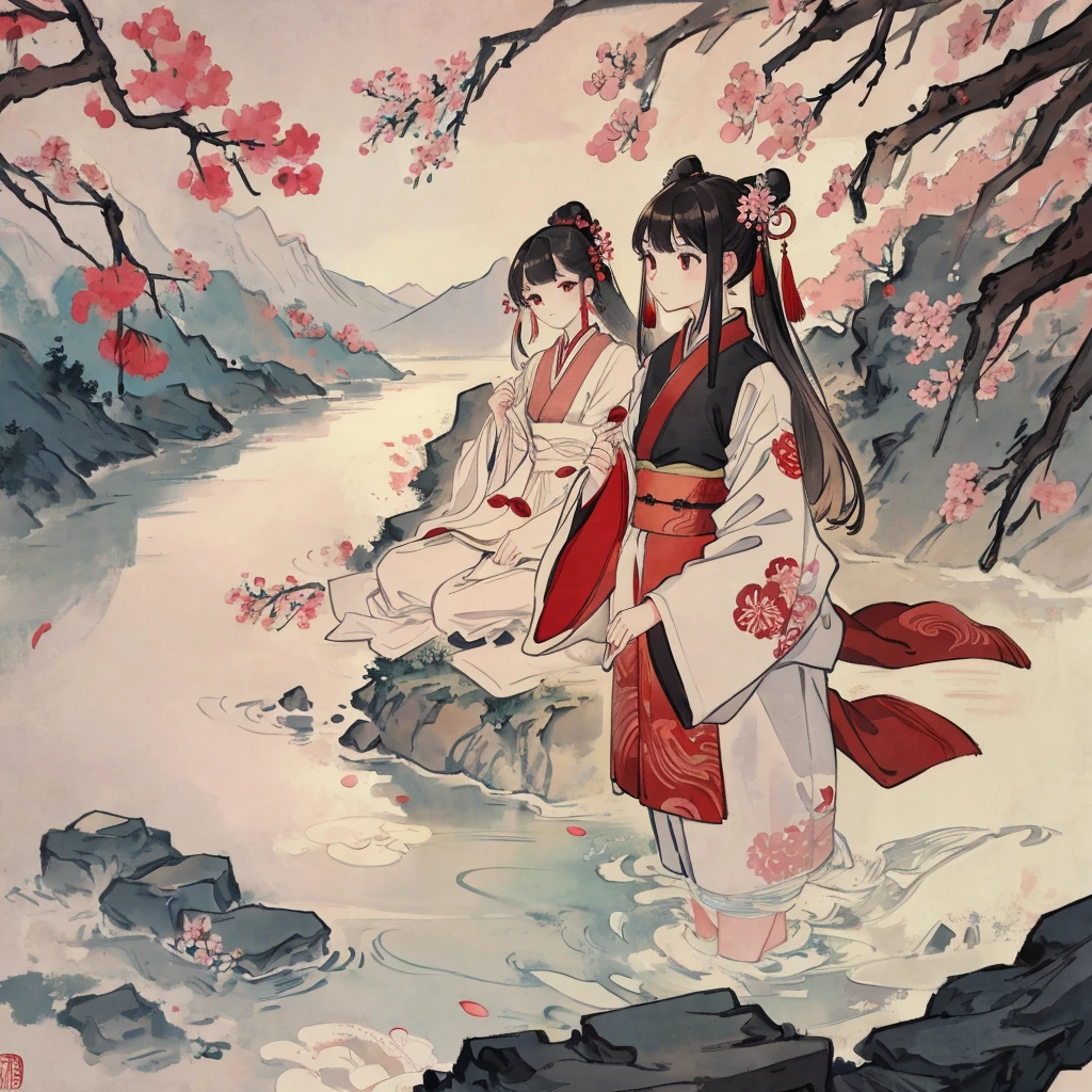 portrait of a female figure , Chinese style, red and white color scheme, ink painting of characters with flowing long hair standing under the tree surrounded by ancient Chinese calligraphy forming an abstract pattern of mountains, rivers and cherry blossoms. Red sun at the top center of the composition. High resolution, high quality, exquisite details, no text or letters. , in the style of high definition ink painting. --ar 3:4 --niji 6