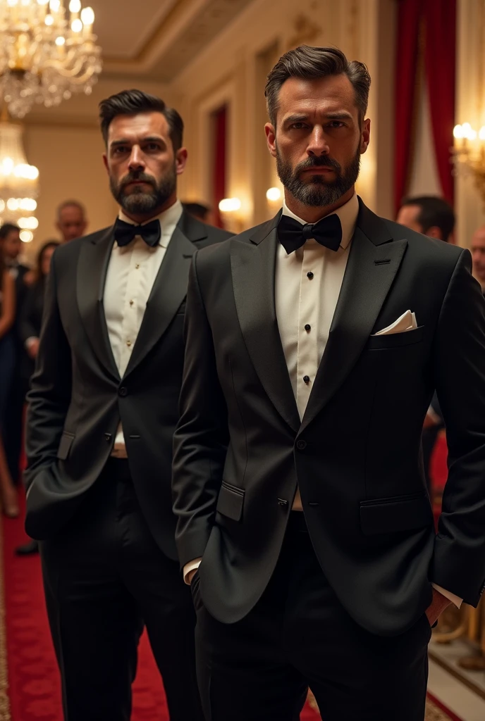 Create an image of a security guard dressed in a gala outfit with a beard and tactical gear. Must be approximately 2.