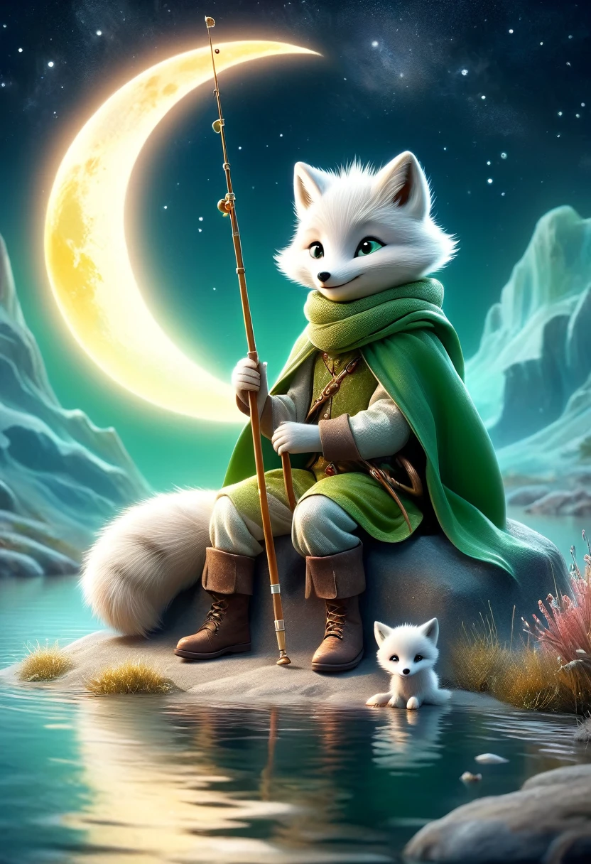 illustration，1 cute  prince wearing a scarf，Wearing a green cape，Sitting on the moon，Hand holding a fishing rod for fishing，There is an Arctic fox lying at my feet.，There is a calm lake at the bottom of the picture，Beautiful bright colors，Fairytale pictures，Light background