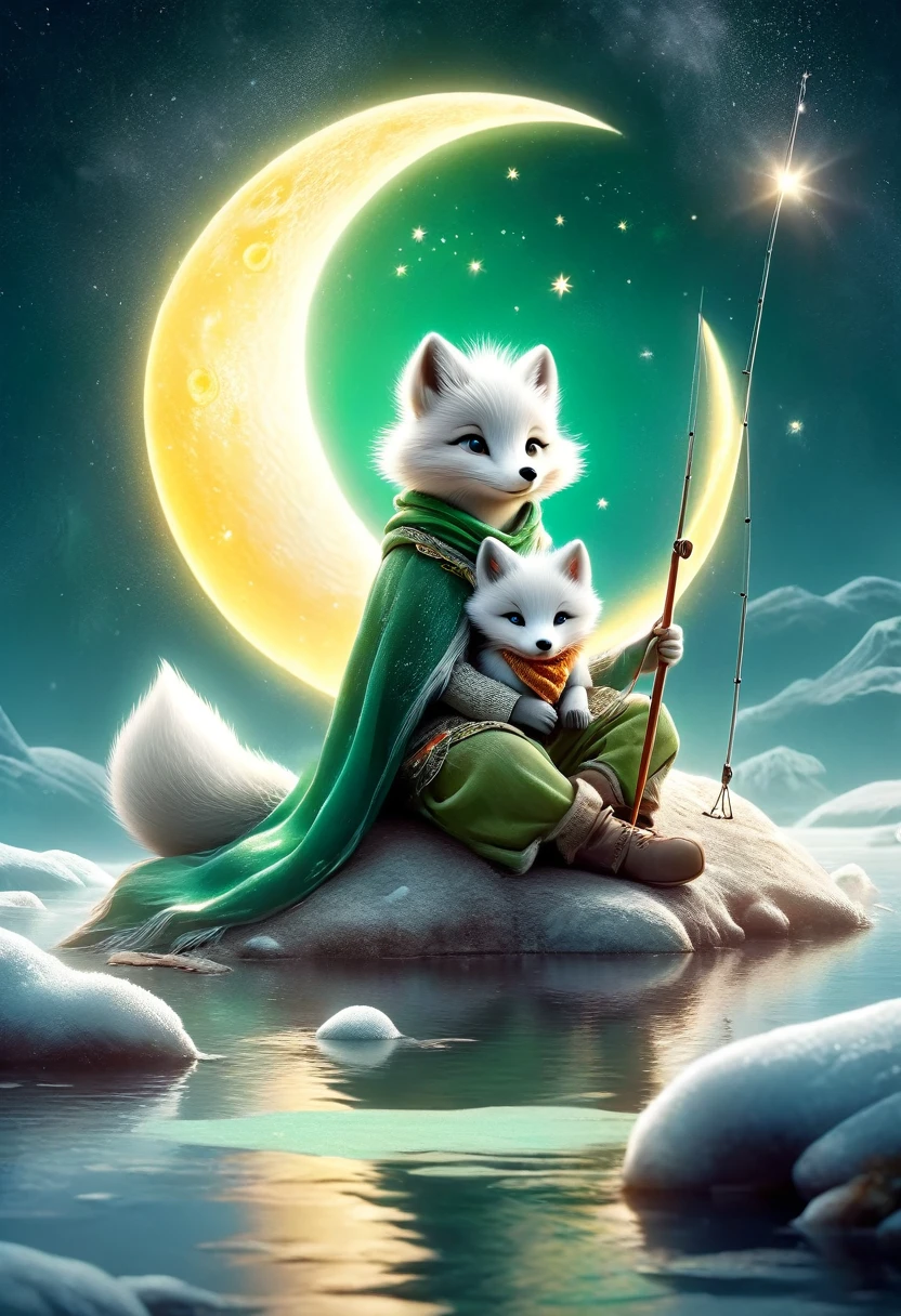 illustration，1 cute  prince wearing a scarf，Wearing a green cape，Sitting on the moon，Hand holding a fishing rod for fishing，There is an Arctic fox lying at my feet.，There is a calm lake at the bottom of the picture，Beautiful bright colors，Fairytale pictures，Light background