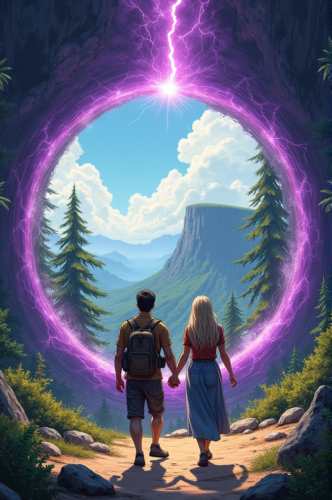 Style dessin
Journée ensoleillée,
Un homme type aventurier et une femme aux cheveux longs et clairs, d'une vingtaine d'années chacun se trouvant au millieu d'une clairière entourée d'arbres, de dos se tenant par la main, en tenue post apocalyptique traversent ensemble un vortex interdimensionnel circulaire de leur taille, la circonférence de ce vortex est crépitante et electrisée émet des lueurs de mauve, il est situé à quelques mètres d'eux. Au travers duquel on aperçoit un plateau rocheux surplombant une vallée luxuriante. 