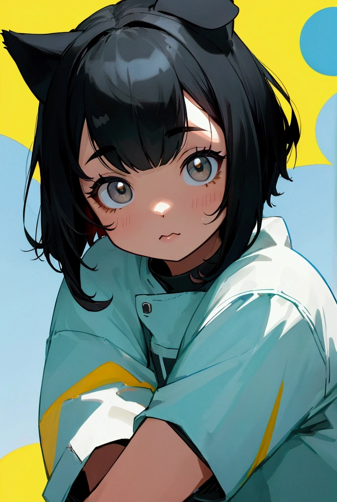 One person, Gaze, Bob Hair、Chubby、Black Hair、Dog ears、bangs,