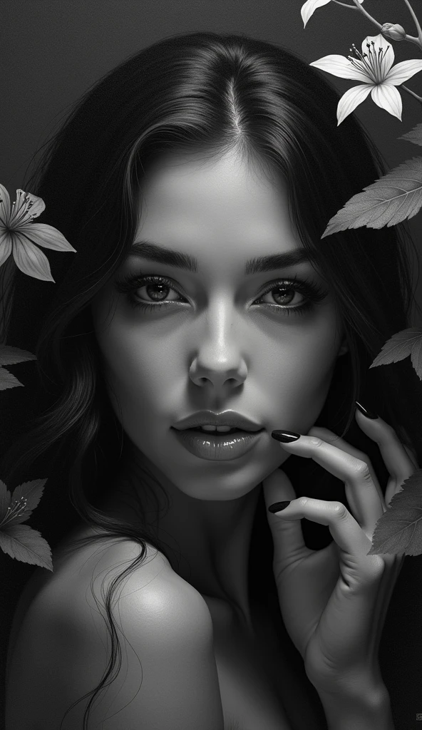 a black and white painting of a woman in a garden, beautiful detailed eyes, beautiful detailed lips, extremely detailed eyes and face, long eyelashes, portrait, photorealistic, high contrast, dramatic lighting, cinematic composition, intricate details, chiaroscuro, moody atmosphere, striking shadows, emotive expression.