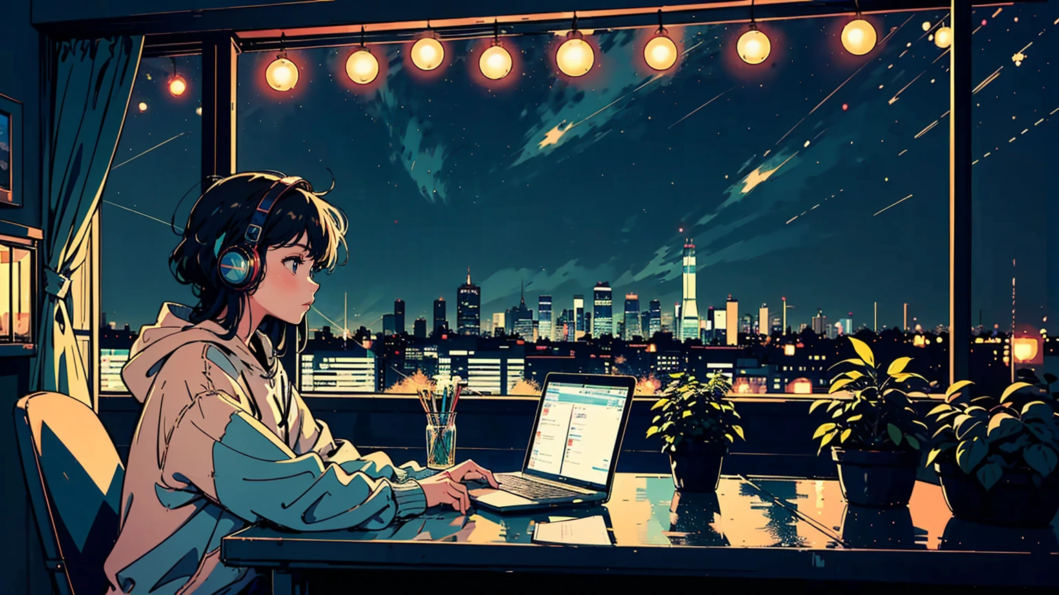 Cozy night balcony workspace, anime style, young cute girl working on laptop, wearing headphones and oversized hoodie. Cat on railing. String lights and potted plants hanging, starry night sky backdrop. Warm ambient lighting from candles and fairy lights. City skyline in distance. Lofi aesthetic